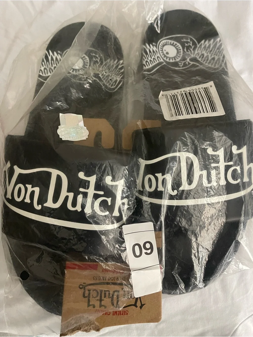 Von Dutch Black and White Logo Slide Sandals
